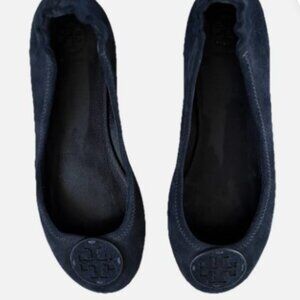 Tory Burch Minnie Travel Shoes Womens Size 8M Navy Blue Suede Ballet Flats Logo